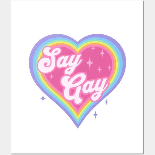 Say Gay Kids Retro Rainbow Heart LGBTQ Kawaii Cute Gay Pride Back Wall Art by PUFFYP